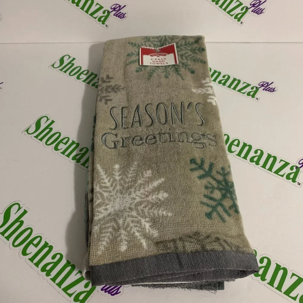 Holiday Time Christmas 2 Pack Hand Towel Set Seasons Greetings Snowflakes Gray